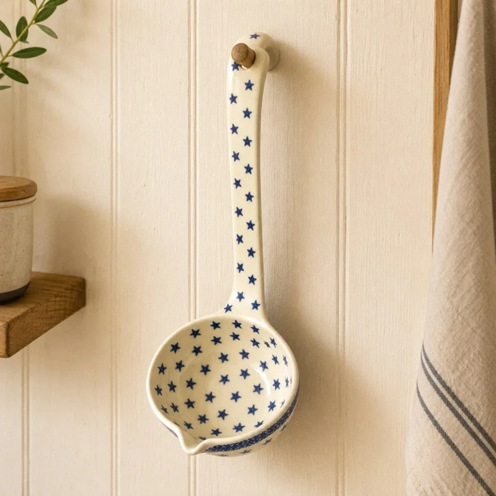 Poland Hand Made Polish Pottery Ladle Blue Rose Pattern Pour Spout 9.5in